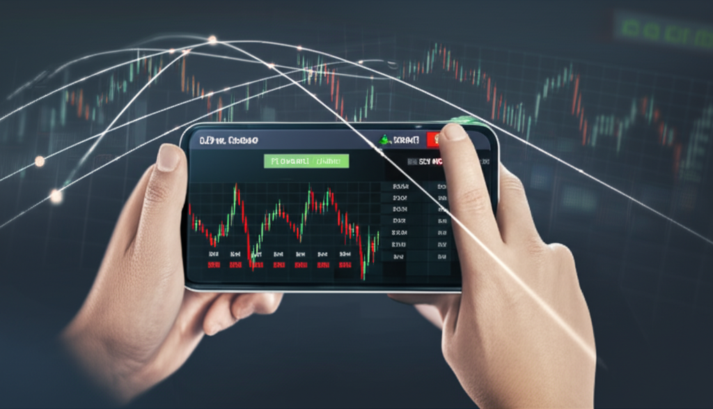 外匯App 顯示即時圖表與報價的智慧手機插圖，連接全球市場
