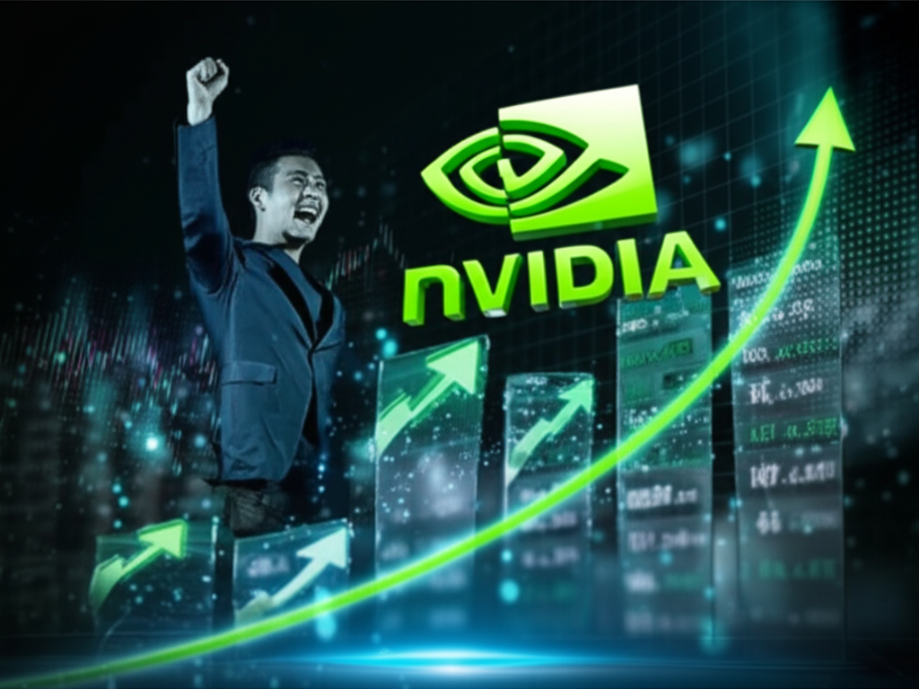 NVIDIA 股價圖表劇烈上漲，NVIDIA 標誌位於高峰，背景為繁忙市場，象徵科技市場成長與投資人樂觀
