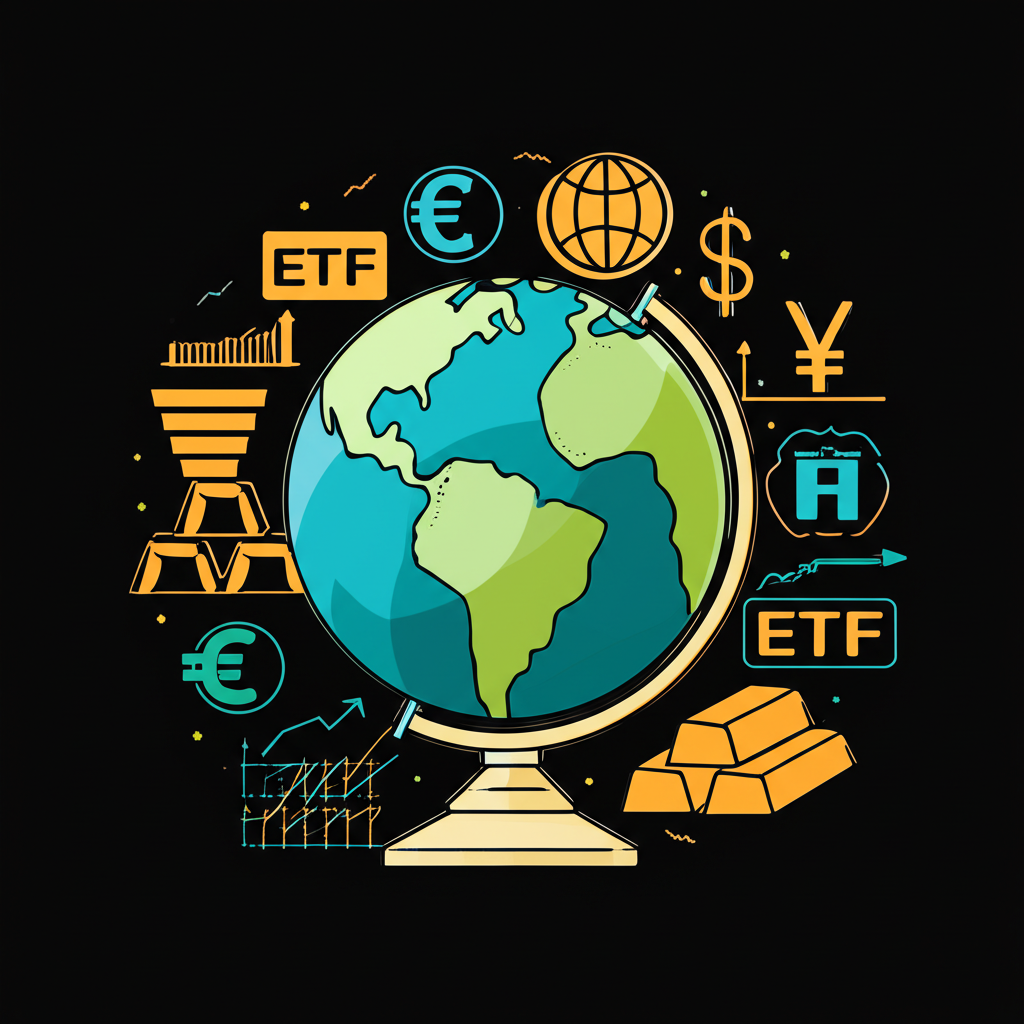 地球環繞金融符號的插圖，包括股票圖表、ETF標誌、黃金與國際貨幣，象徵以指數基金與另類資產建構的全球多元化投資組合