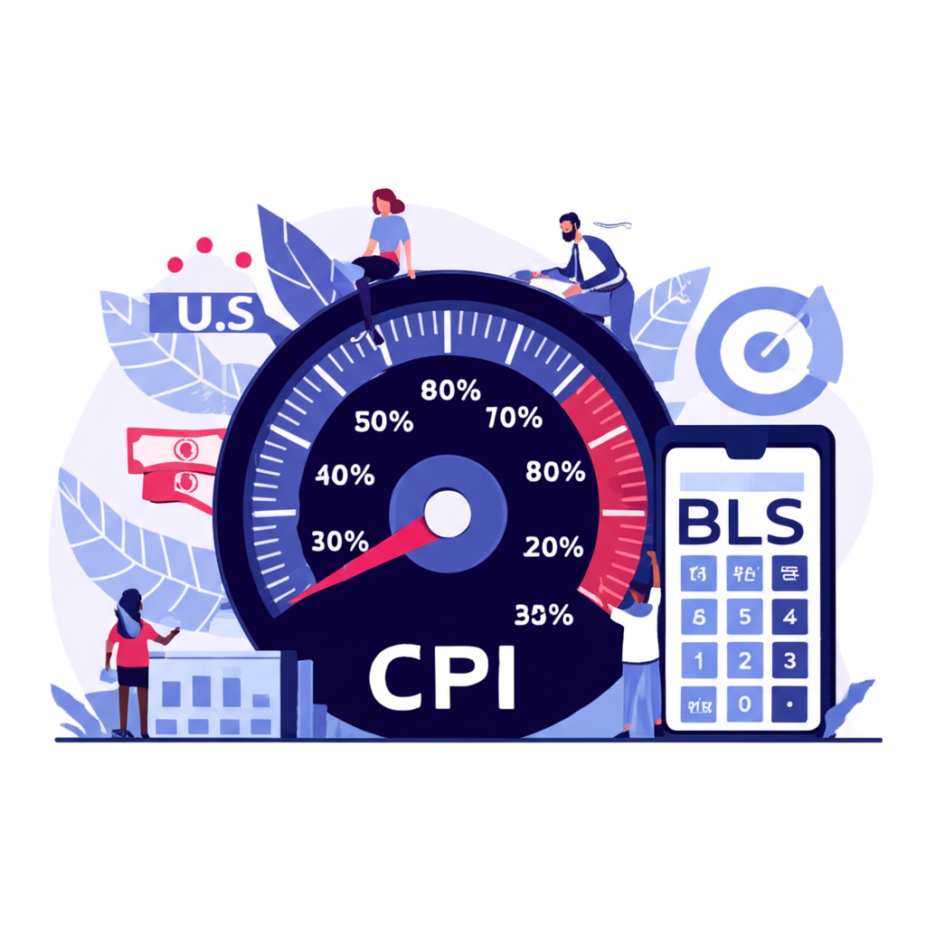CPI 指標示意圖:反映美國經濟健康的巨型儀表盤,周圍環繞消費者與勞工統計局官員計算數據