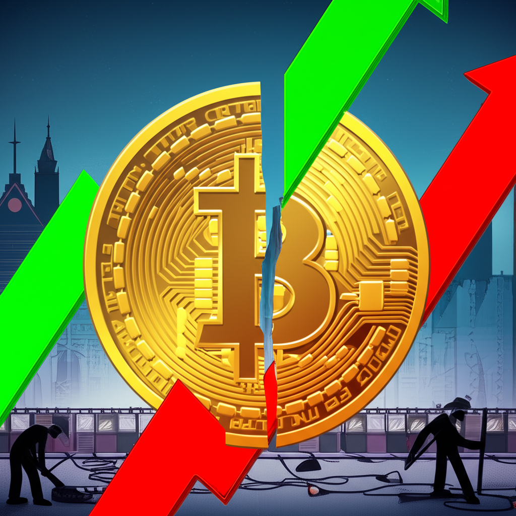 比特幣減半事件插圖,顯示比特幣幣被切半、價格上漲箭頭、礦工背景及華爾街城市景