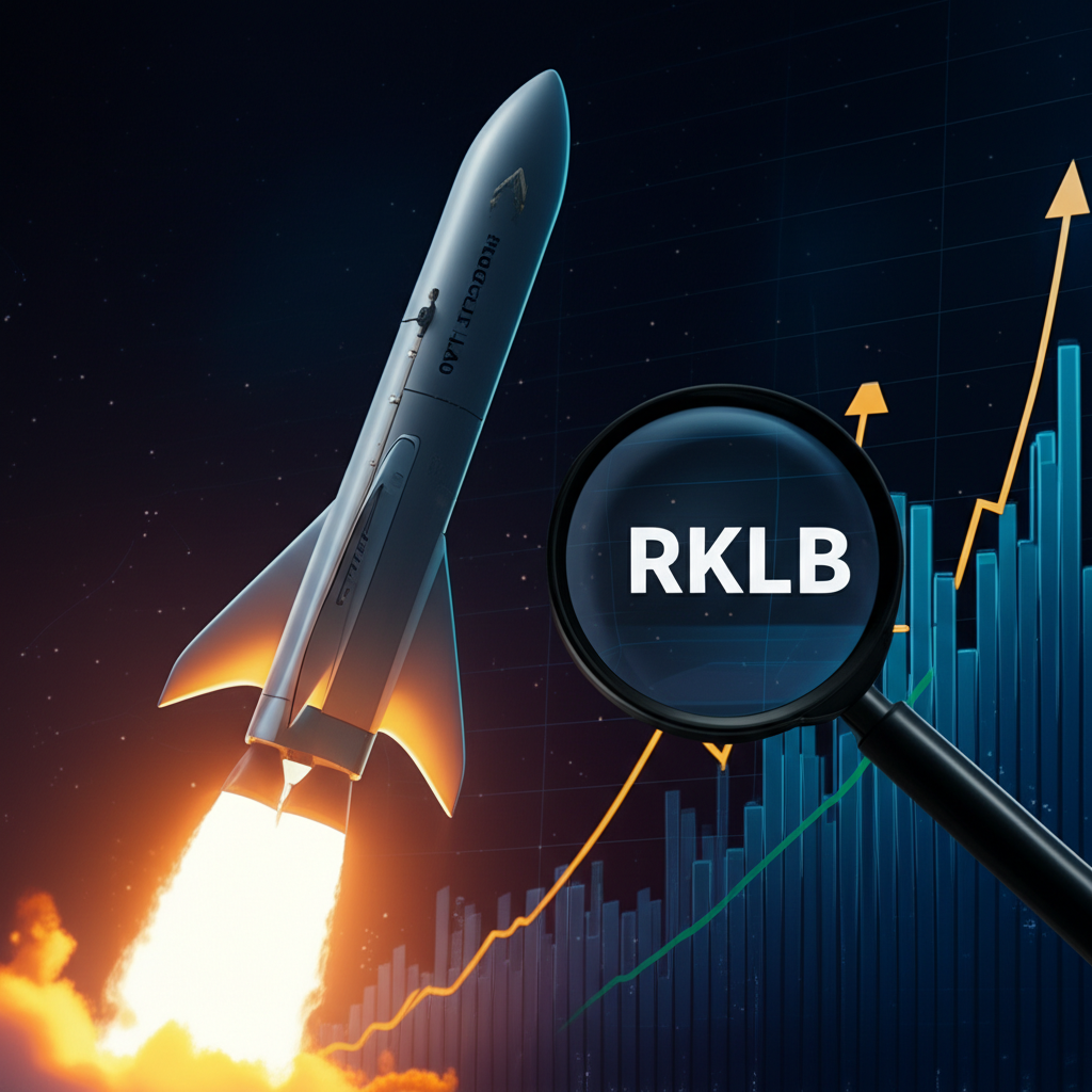 Rocket Lab Electron rocket launching with upward stock growth chart and RKLB ticker