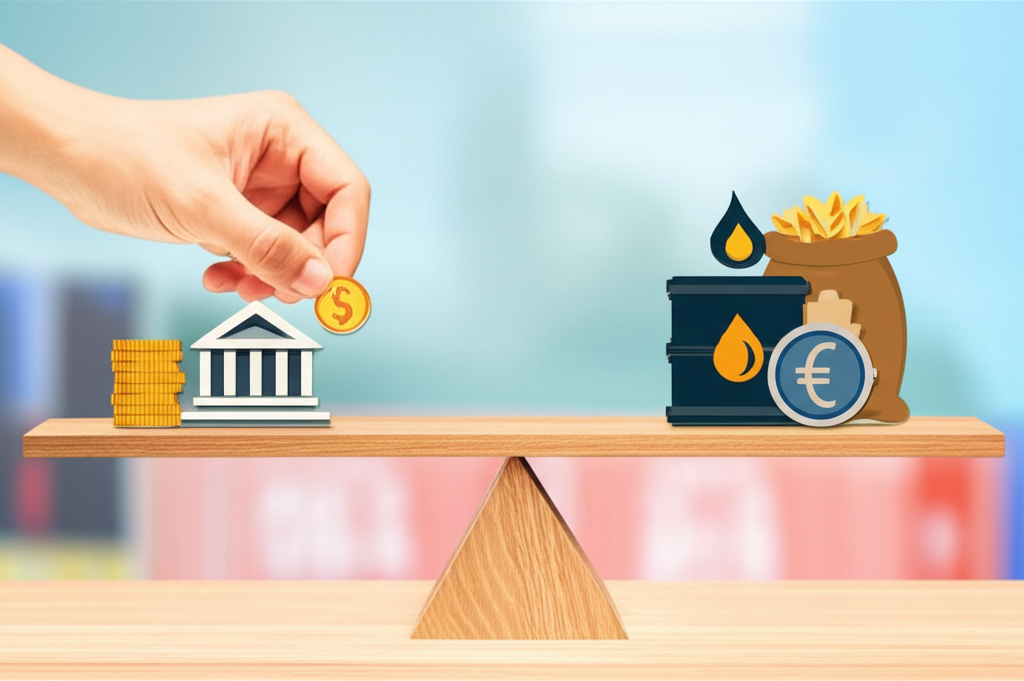 中央銀行的手輕柔平衡著本國貨幣與外幣的天平，背景中進口商品如石油與糧食價格穩定，防止通膨，象徵匯率穩定的效益
