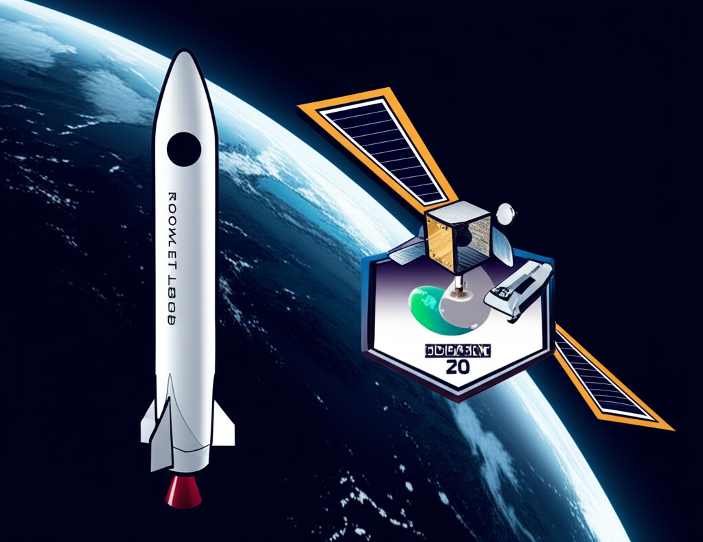 Rocket Lab Electron rocket and Photon satellite with SpaceX 2.0 badge in small satellite innovation