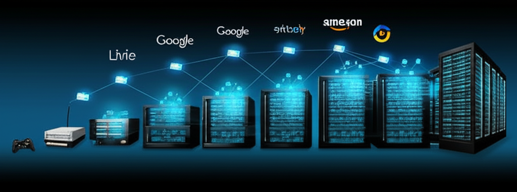 NVIDIA GPU從遊戲主機演進到大型伺服器機架，連接全球科技巨頭如Google和Amazon的閃耀AI神經網路插圖