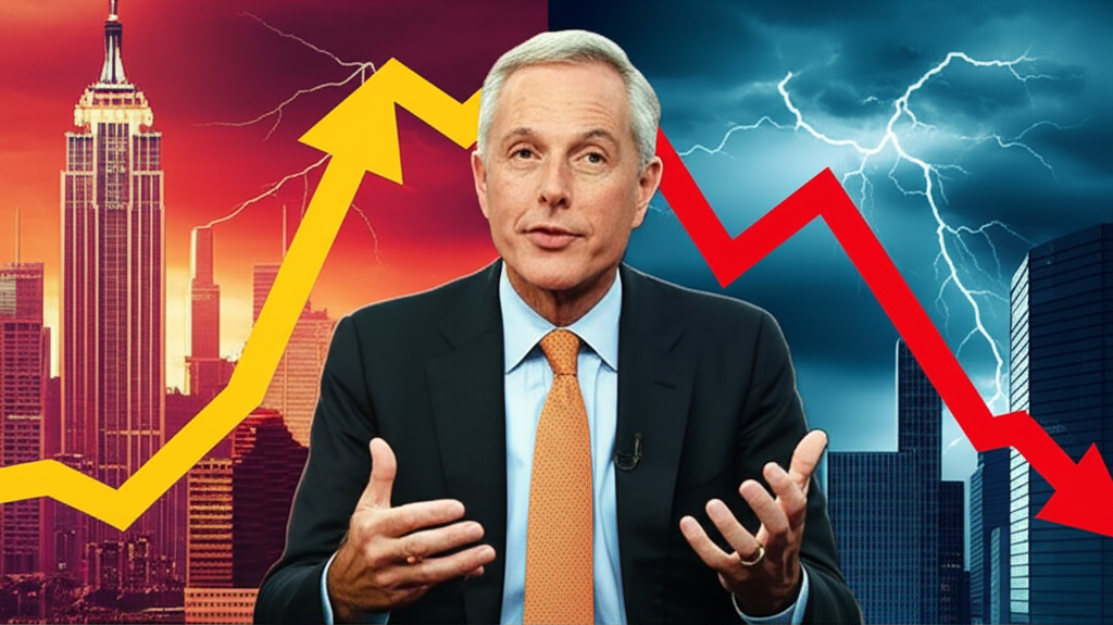 Jamie Dimon giving dual market warning showing both optimism and concern with global economic factors illustration