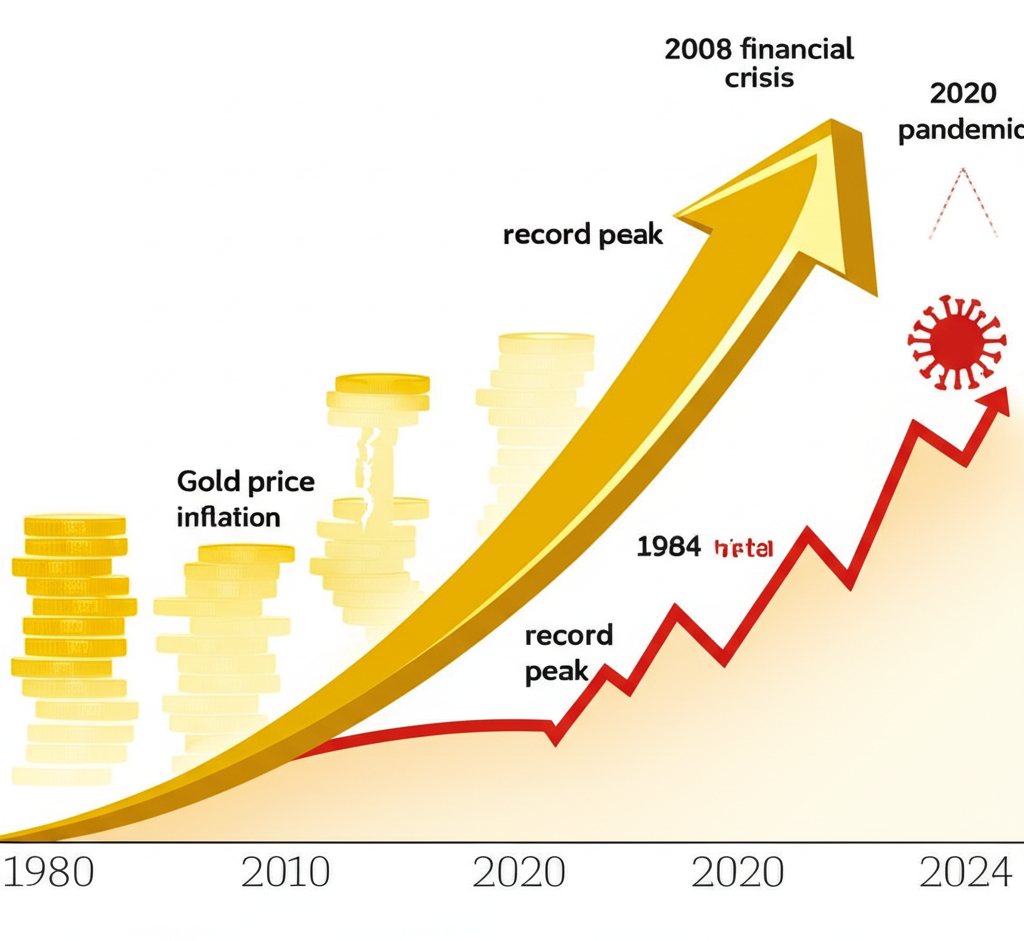 黃金價格上漲時間軸,標註1980年代通膨、2008金融危機、2020疫情與2024高峰等歷史事件