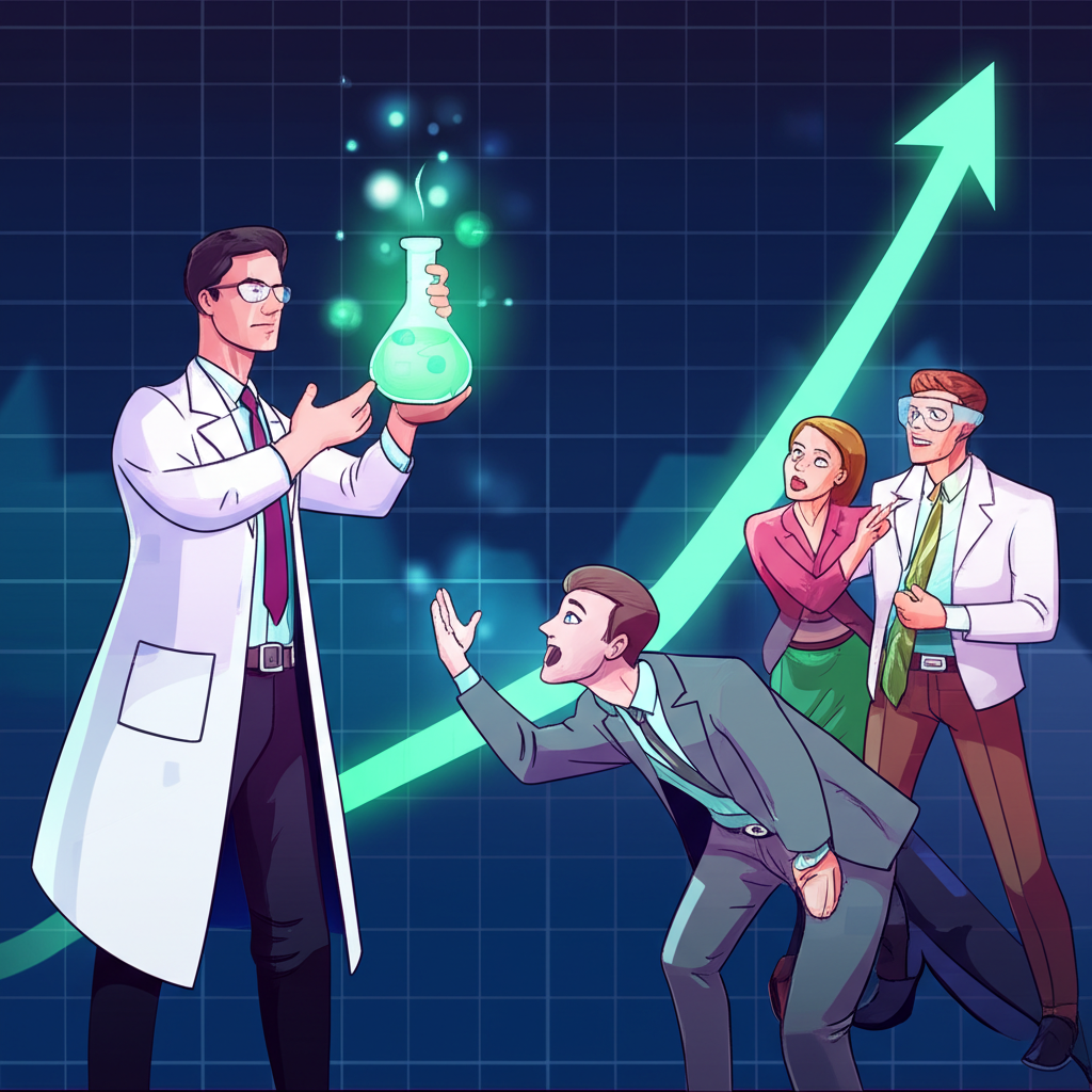 生技股價格圖表向上飆升,科學家手持燒瓶,投資者興奮,象徵高風險高報酬創新與投資機會