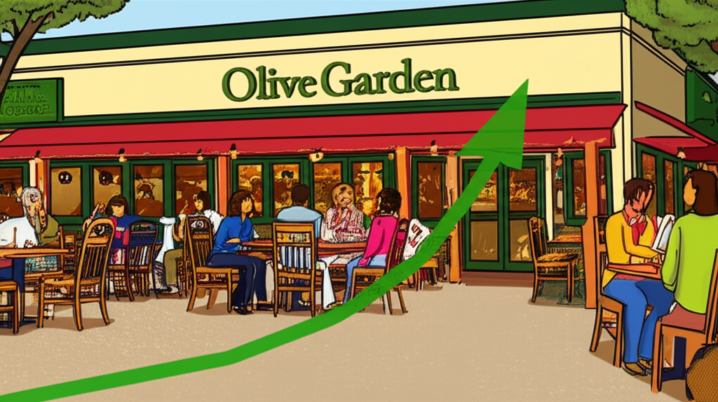 活力四射的 Olive Garden 餐廳，顧客滿意與 Darden Restaurants 價值主張及營運執行的財務成長圖表