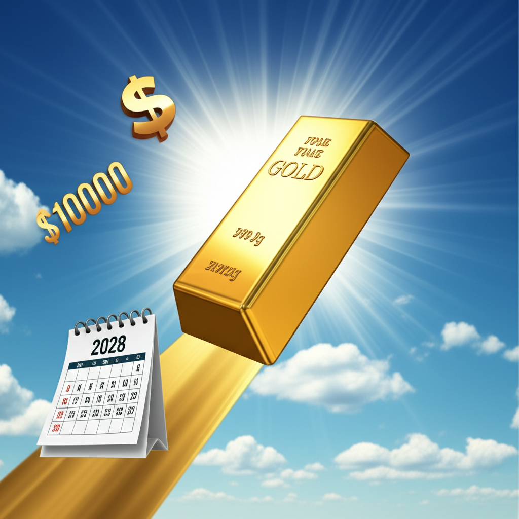 黃金價格預測圖示，顯示2028年達10,000美元的飆漲趨勢