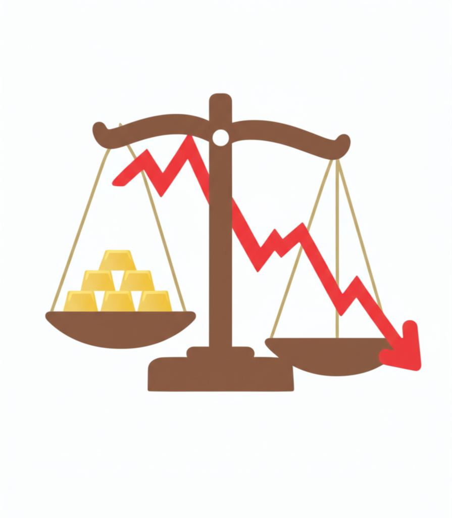 平衡秤一邊黃金上漲另一邊股市下跌，代表金融市場傳統的反向關係