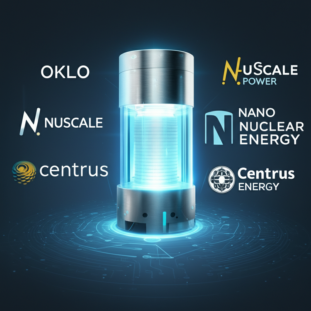 光滑可攜式微型核反應爐設計發光，周圍環繞Oklo、NuScale Power、Nano Nuclear Energy和Centrus Energy等公司標誌，象徵技術創新與合作