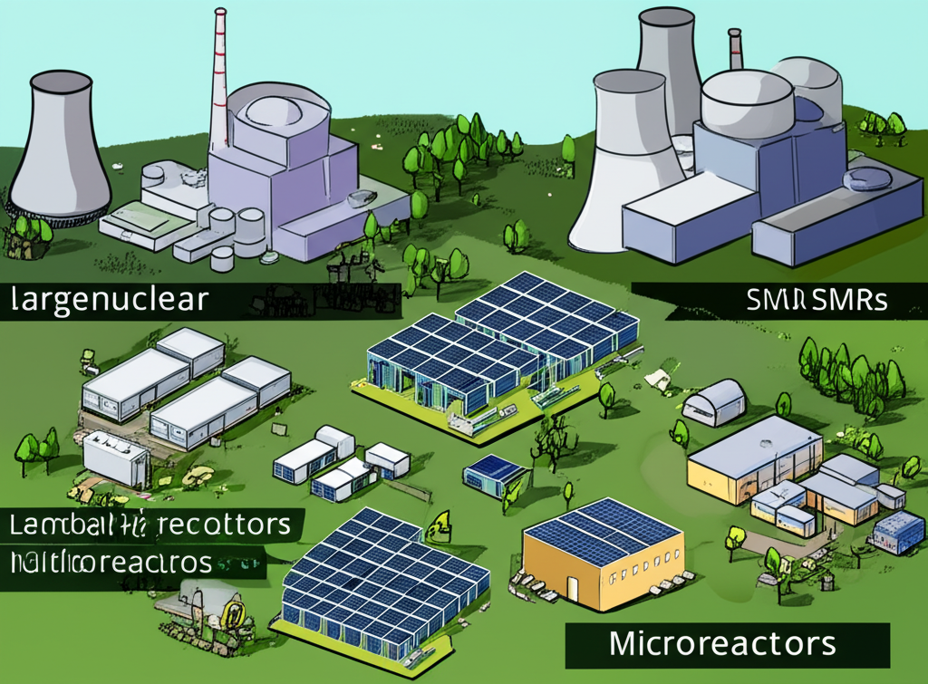 傳統大型核電廠與多個小型模組化反應爐及微型反應爐比較,工廠組裝與部署於遠端村落的場景