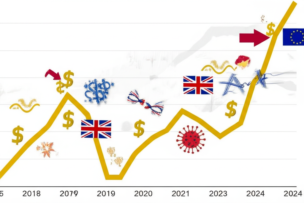 2014至2024年黃金價格動態圖表,顯示聯準會政策、貿易爭端、英國脫歐、疫情與地緣衝突等影響下的波動線條