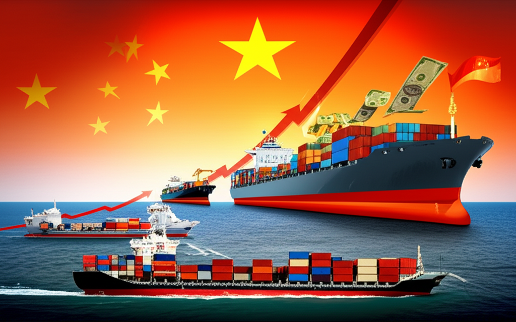 中國經濟復甦插圖，顯示上升的GDP圖表、控制中的通膨和大貿易順差，用貨物流出中國和資金流入的平衡狀態呈現