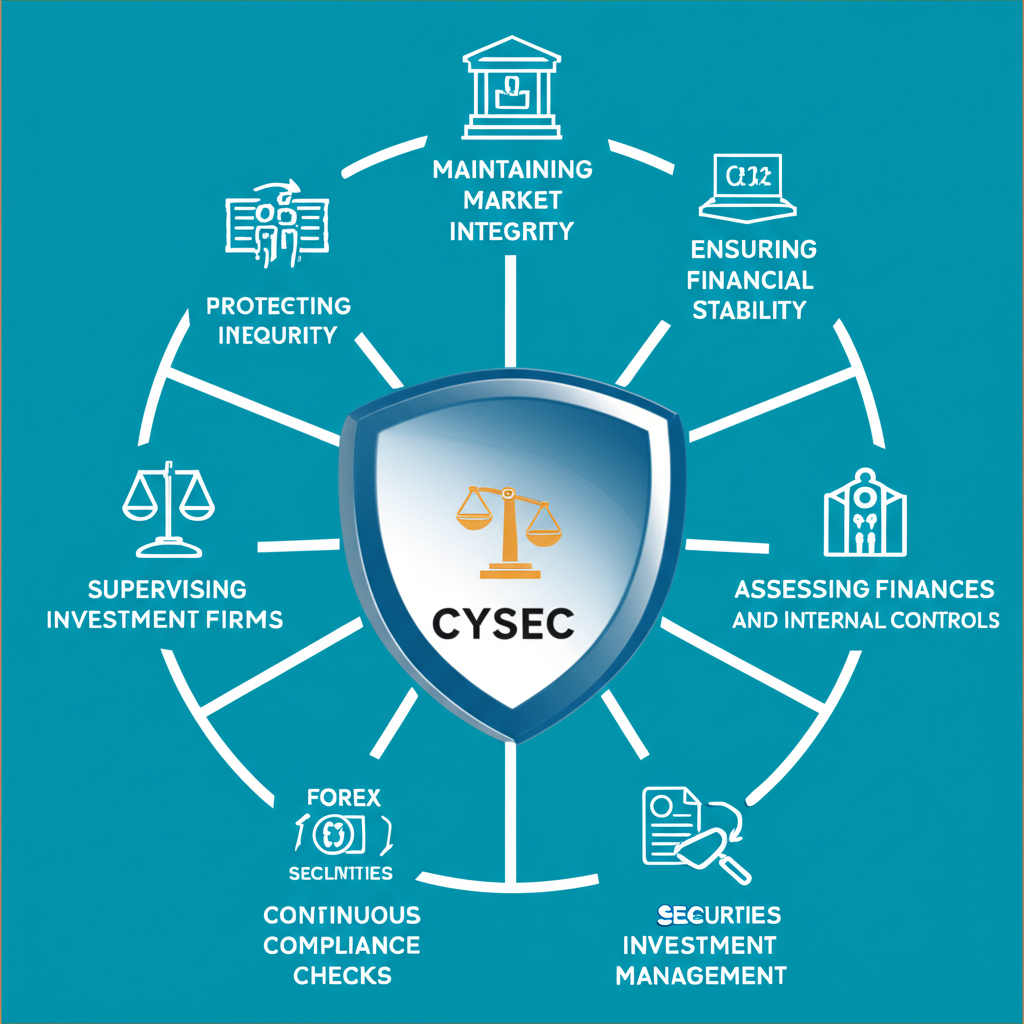 CySEC 核心職責包括維護市場完整性、保護投資者、監督投資公司財務與內控，涵蓋外匯、CFD、證券及投資組合管理的插圖