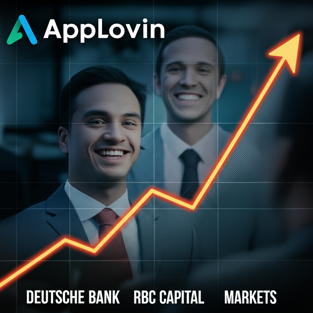 AppLovin stock chart rising with Wall Street bankers smiling in the background showing confidence in mobile advertising growth and strong investment ratings from Deutsche Bank and RBC Capital Markets