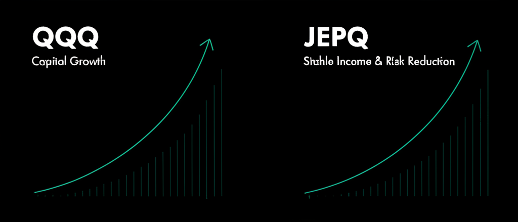 比較兩種投資策略的插圖：QQQ 聚焦資本成長，JEPQ 備兌看漲期權基金提供穩定收入與風險緩解