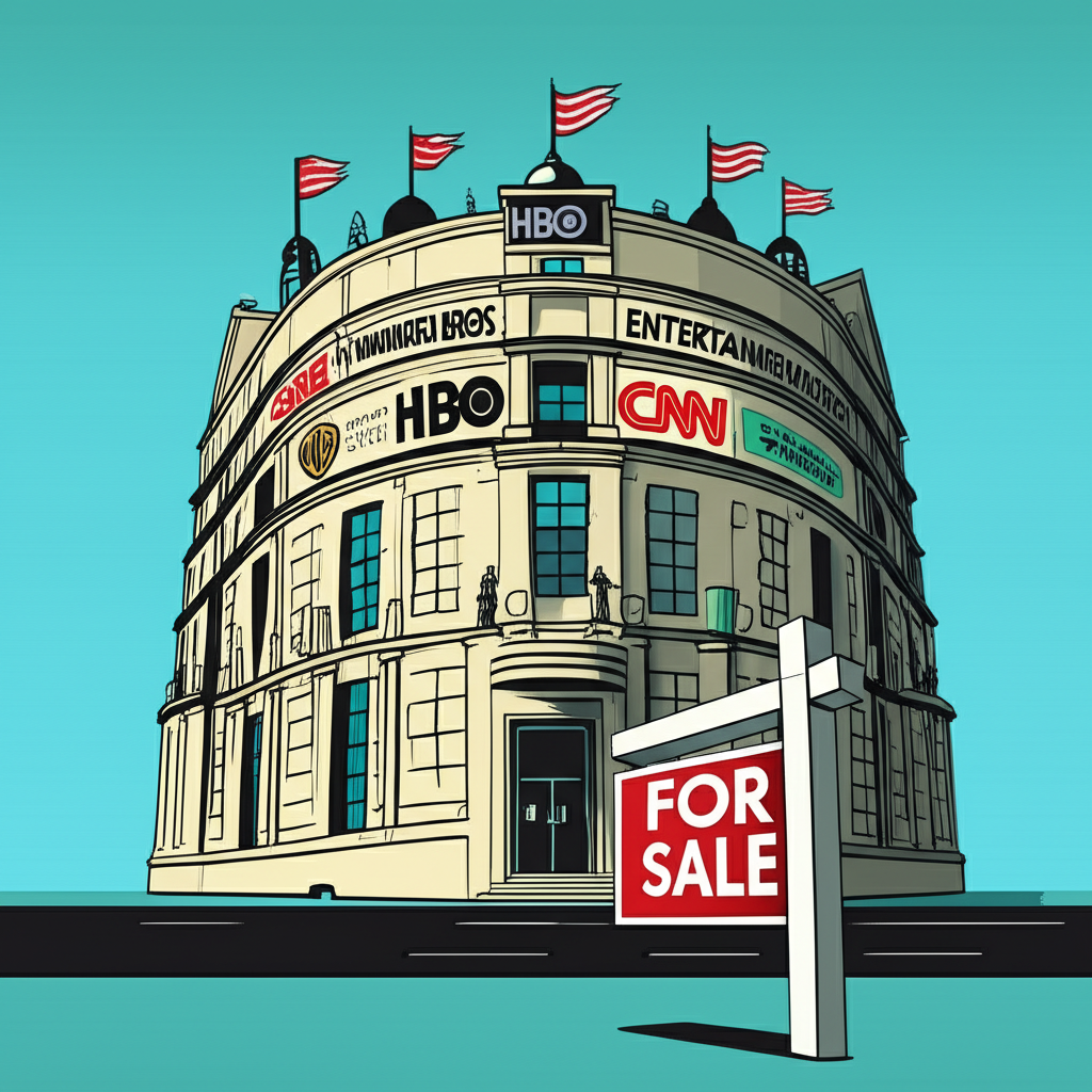 華納兄弟探索公司媒體帝國建築前掛售賣標誌，包含HBO、CNN和華納兄弟影業標誌，象徵全球娛樂產業的不確定未來