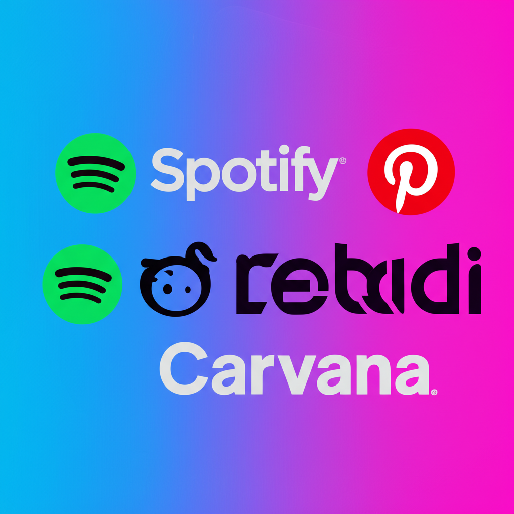生動的公司標誌集合,包括Spotify、Pinterest、Reddit和Carvana,代表多元頂級股票選擇,每檔皆展現如訂閱模式或創新商業策略的獨特優勢