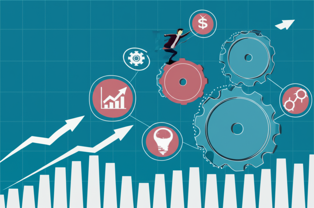 illustration of a person skillfully navigating a complex financial chart with gears and strategy elements representing forex margin trading techniques not luck moving from novice to expert in a dynamic market