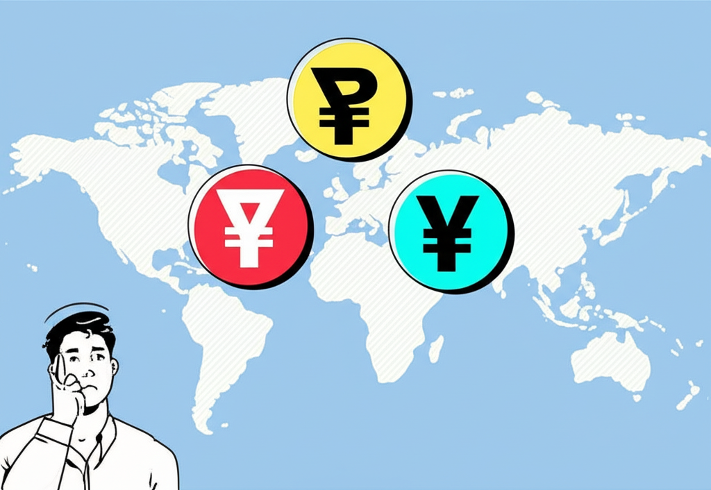 三種貨幣符號RMB、CNY、CNH環繞世界地圖,象徵全球金融市場,一位困惑的人注視著它們