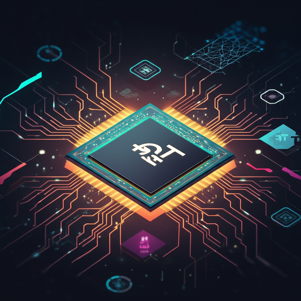 NVIDIA 晶片發光圖示，周圍環繞 AI 元素，象徵股價創新高與邁向五兆美元市值