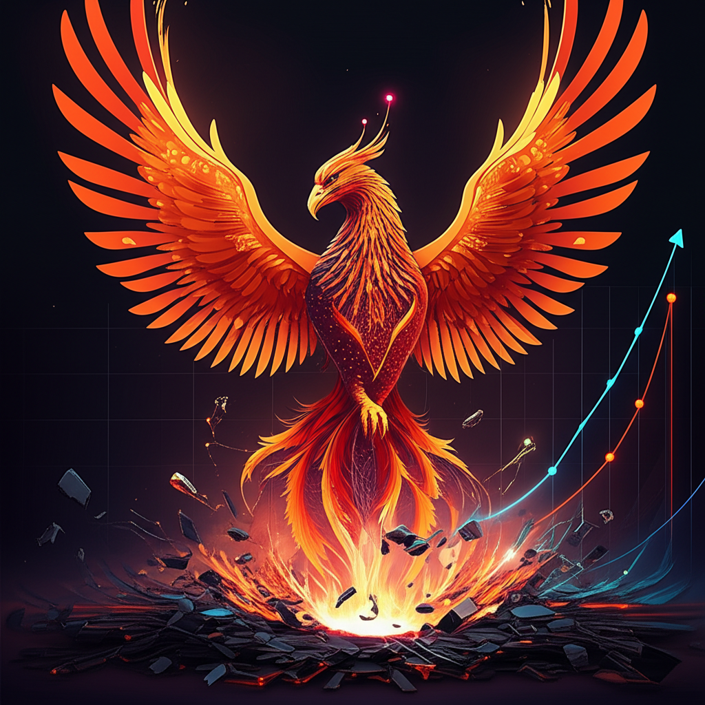 鳳凰從數位灰燼中崛起象徵科技公司復出，背景閃耀AI電路與上升趨勢圖表