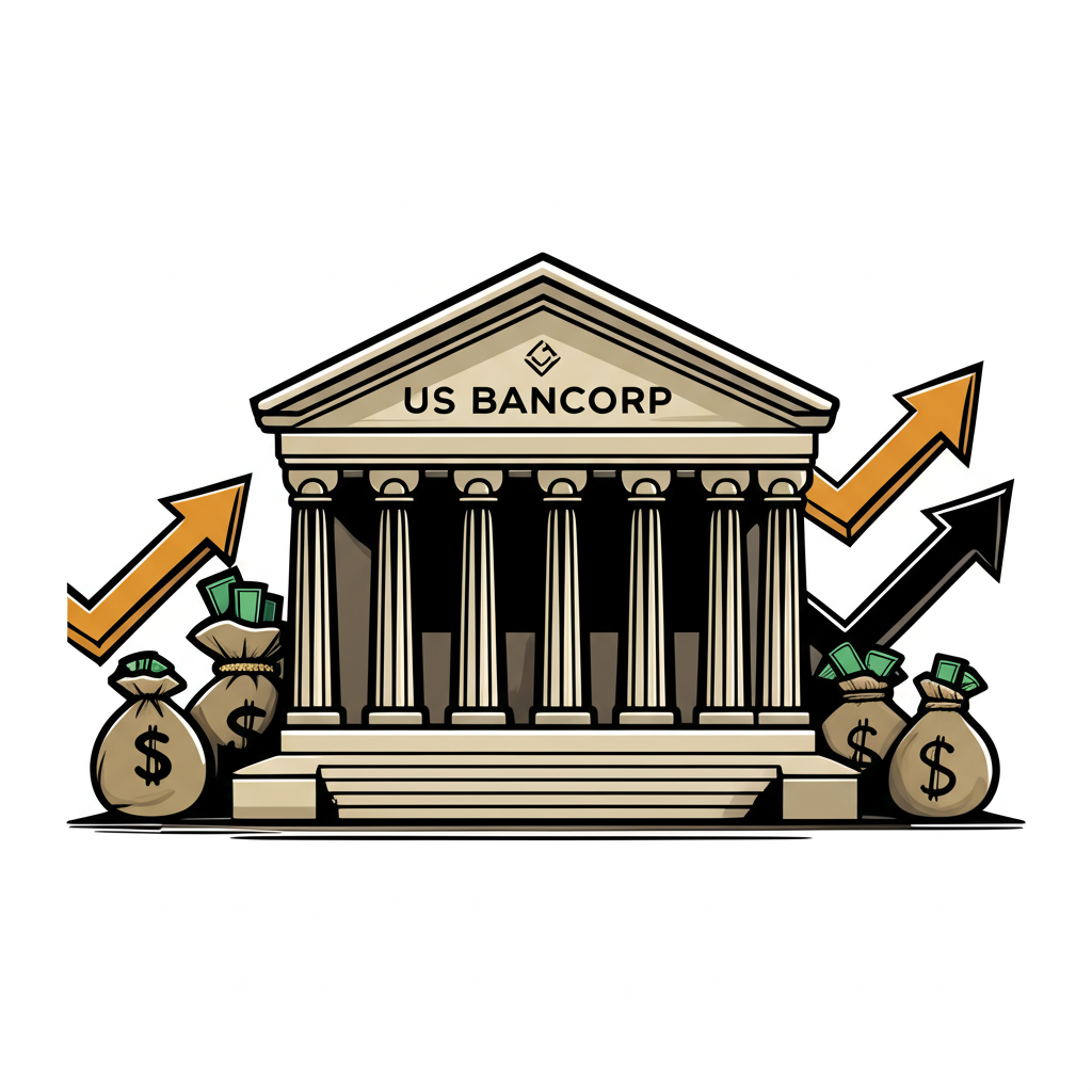 堅固銀行建築搭配貨幣袋與上漲圖表，展現美國合眾銀行的穩定成長