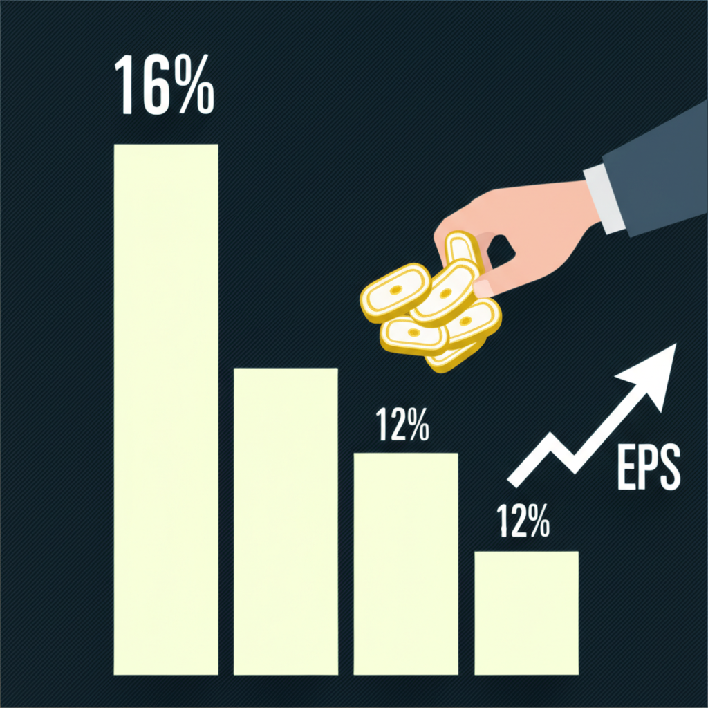 並排柱狀圖顯示16%與12%回報對比,手撈起股票證書減少流通股數並標註EPS上升箭頭的金融市場插圖