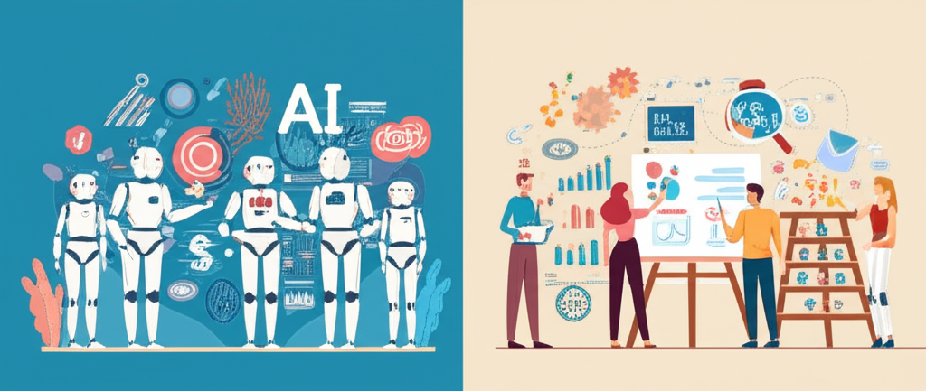 Dual scene with AI robots managing financial data and human artists creating marketing campaigns representing AI applications and anti-AI trends