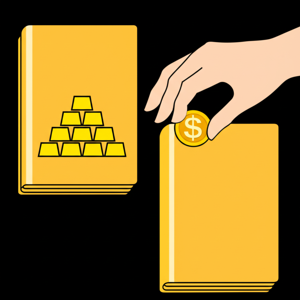 黃金存摺示意圖:手將金幣插入類似銀行存摺的帳戶中,象徵以黃金為單位的投資帳戶