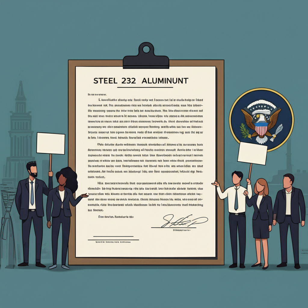A legal document of Section 232 with steel and aluminum symbols surrounded by protesting businesses and a presidential seal illustration style
