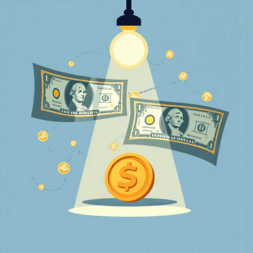 A whimsical illustration of a golden dollar coin and a US Treasury bond certificate interacting with interconnected financial arrows under a soft overhead light showing mutual influence in a calm blue and gold color palette