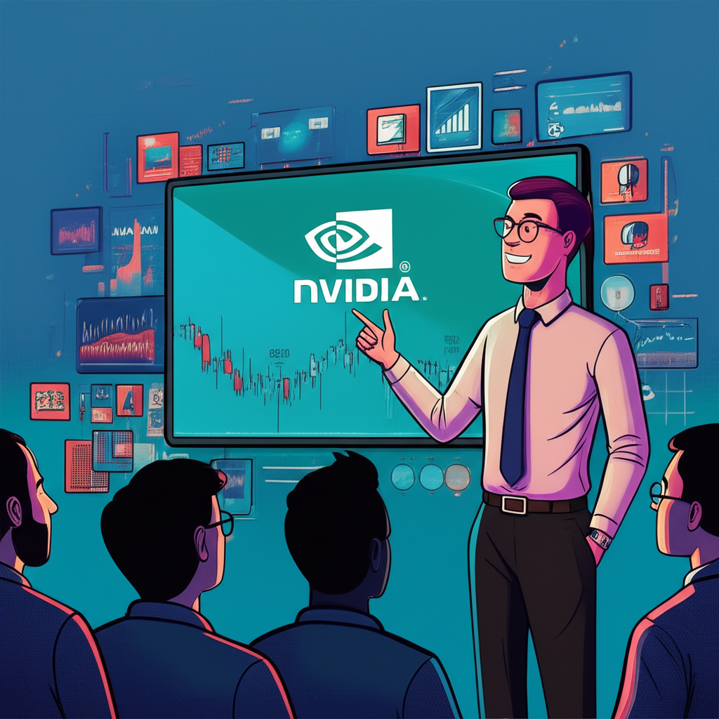 金融分析師指向顯示股票圖表和Nvidia標誌的螢幕,周圍環繞多樣科技公司圖標,展現市場趨勢與投資者關注的生動場景