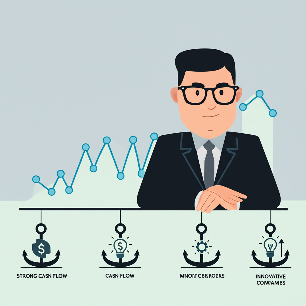 An illustration of a financial analyst carefully examining a teetery market chart with strong cash flow and innovative companies as sturdy anchors representing quality stocks