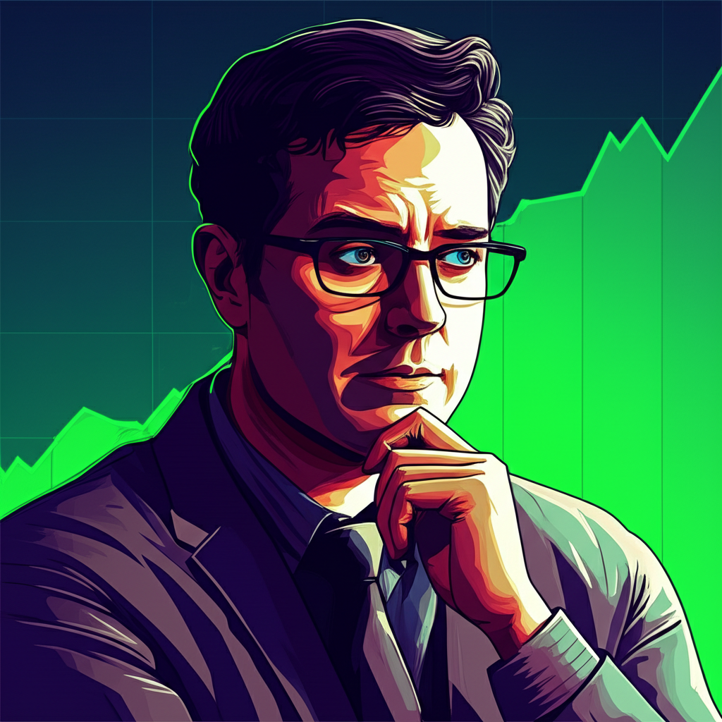 投資者Michael Burry獨自面對Nvidia與Palantir科技股上漲圖表插圖,展現沉思表情