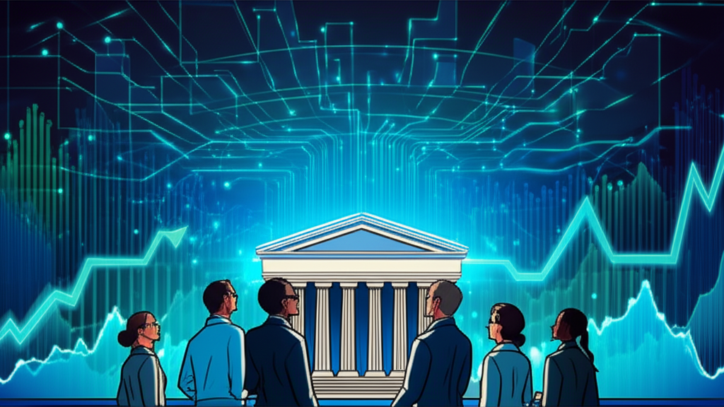 美國銀行大樓與數位成長圖表插圖,象徵創新與未來潛力