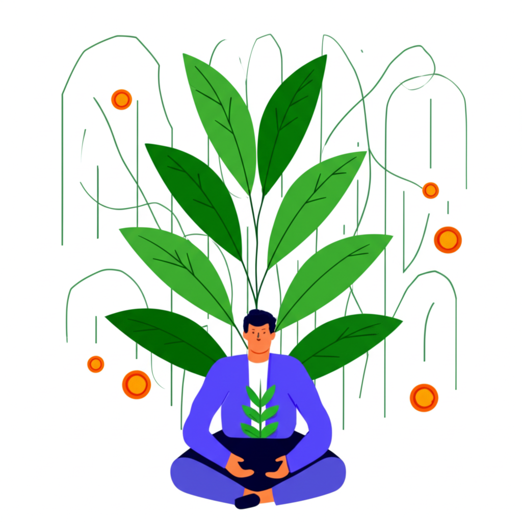 平靜投資者在複雜市場中手持成長植物,象徵股息投資的穩定收入與長期成長
