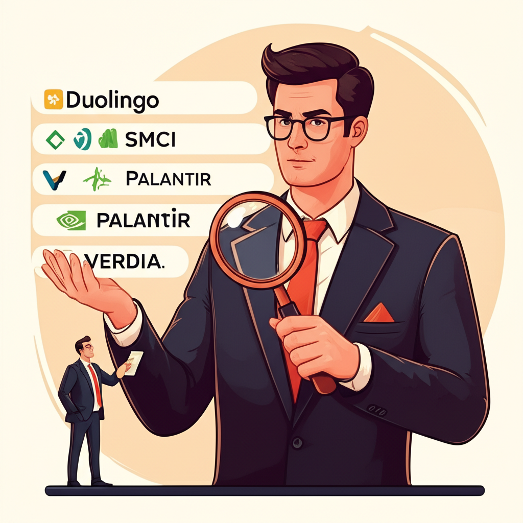 An illustration of a Wall Street analyst in a suit holding a magnifying glass over a list of company logos Duolingo SMCI Vertiv Palantir NVIDIA while a smaller figure representing an insider subtly points to key insights on a tablet