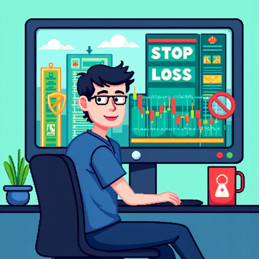 vibrant illustration showcasing a careful investor setting a stop loss on a trading platform with caution signs and protective shields surrounding the investment symbolizing risk management cool blue and green tones
