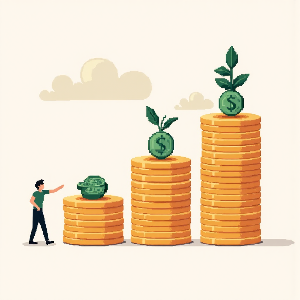 小額資金轉化成長大堆疊的貨幣圖示，背景融入國際金融符號，強調迷你道瓊的財務成長潛力