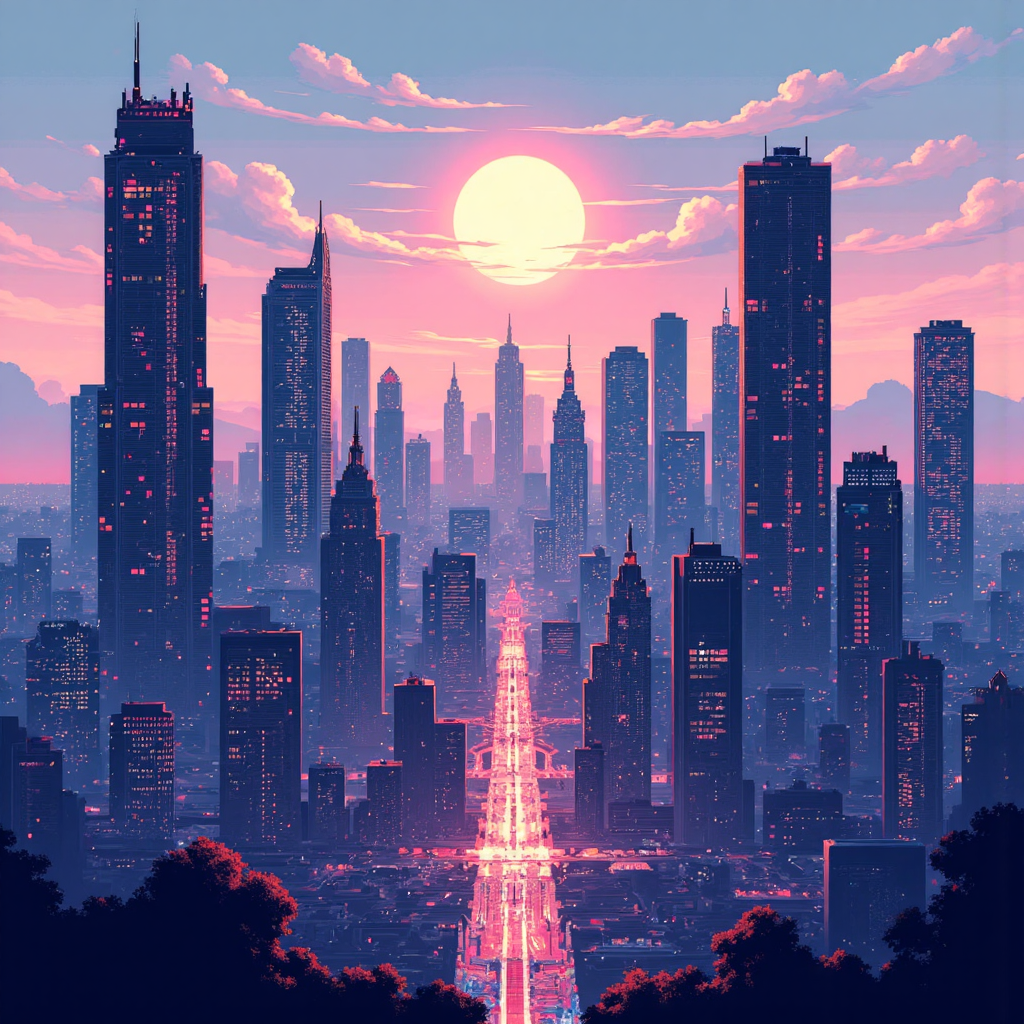 現代插圖描繪數位城市景觀，發光資料流在代表科技巨頭的抽象摩天大樓間流動，位於明亮樂觀的天空下