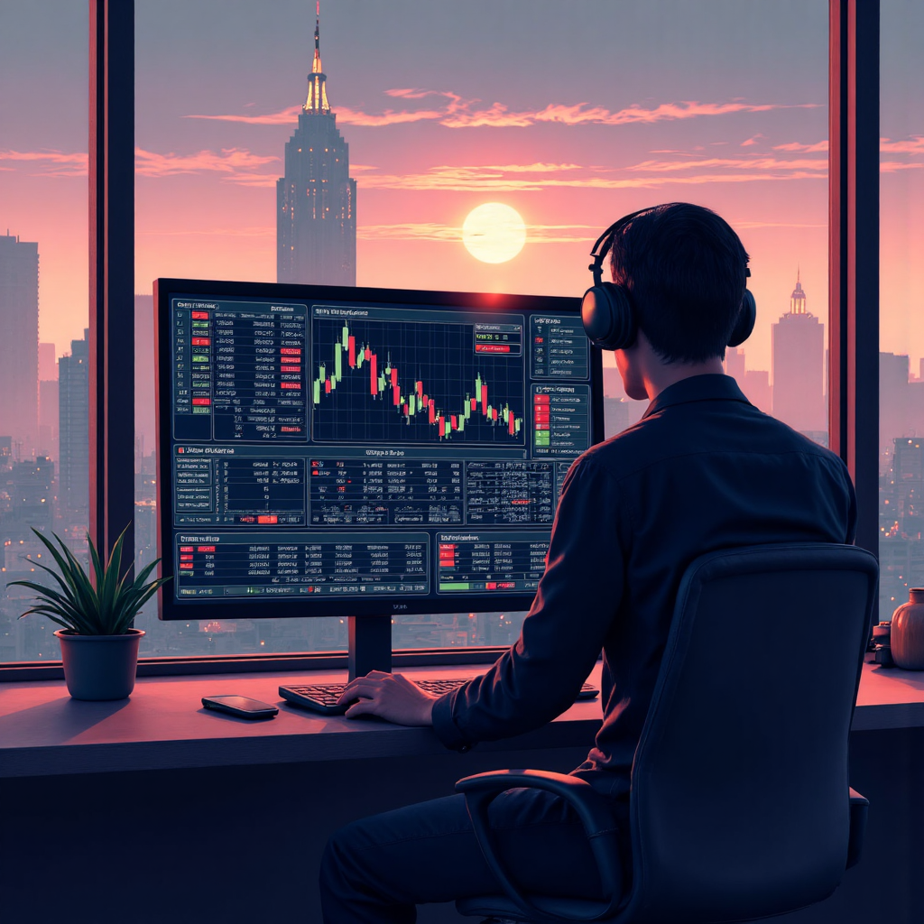交易員分析 USD/JPY 匯率數據的未來介面圖，強調市場策略與黎明天際線