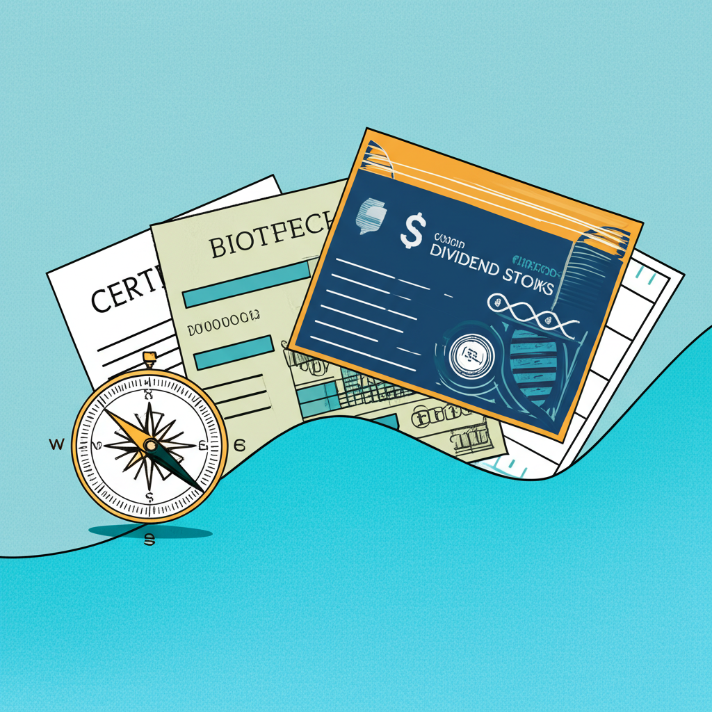 An illustration of a diverse portfolio of stocks including tech biotech and dividend stocks navigating a wavy market with a compass representing JPMorgan guidance