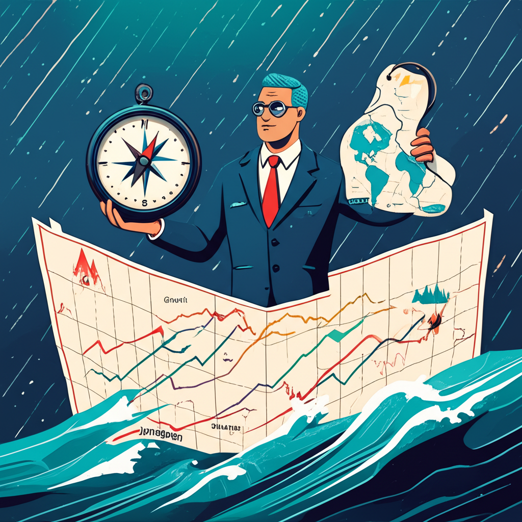 An illustration of a calm investor navigating a stormy stock market with a compass and a map of growth and stability stocks representing JPMorgan's guidance