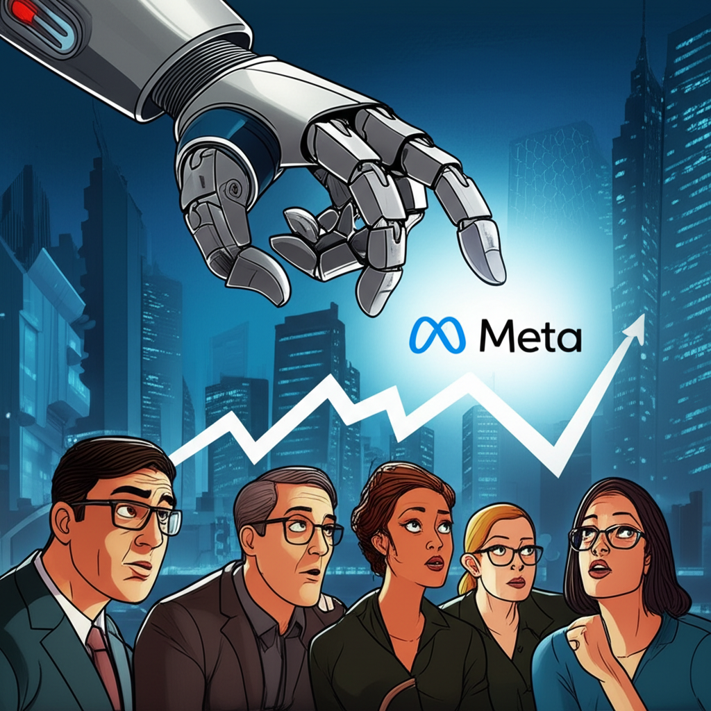 AI巨型機器手壓低Meta股價圖表,投資人擔憂觀望的未來城市景觀插圖