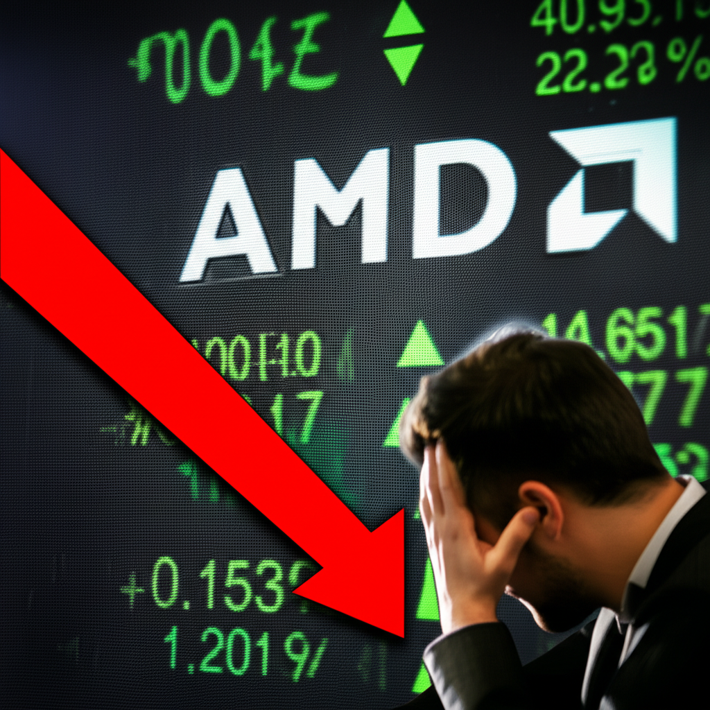 AMD 公司標誌與向下箭頭，儘管財報正面但未來指引引發投資人擔憂