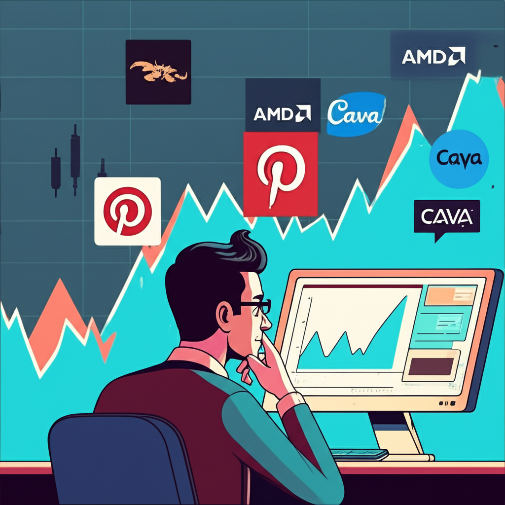 財報季股市波動圖表，AMD、Pinterest、Cava 公司標誌與謹慎投資者觀看螢幕