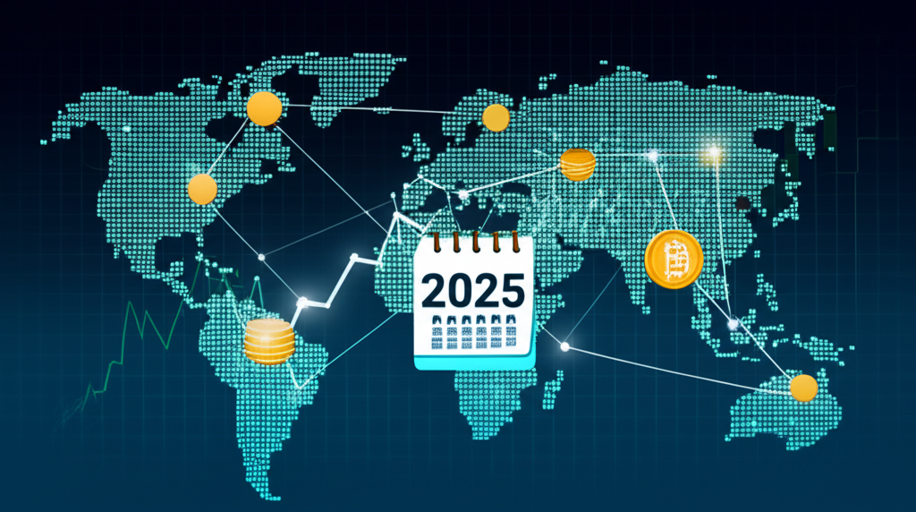 全球市場插圖，包含股票圖表、加密貨幣圖標與顯示2025年的日曆，象徵新興機會與複雜趨勢